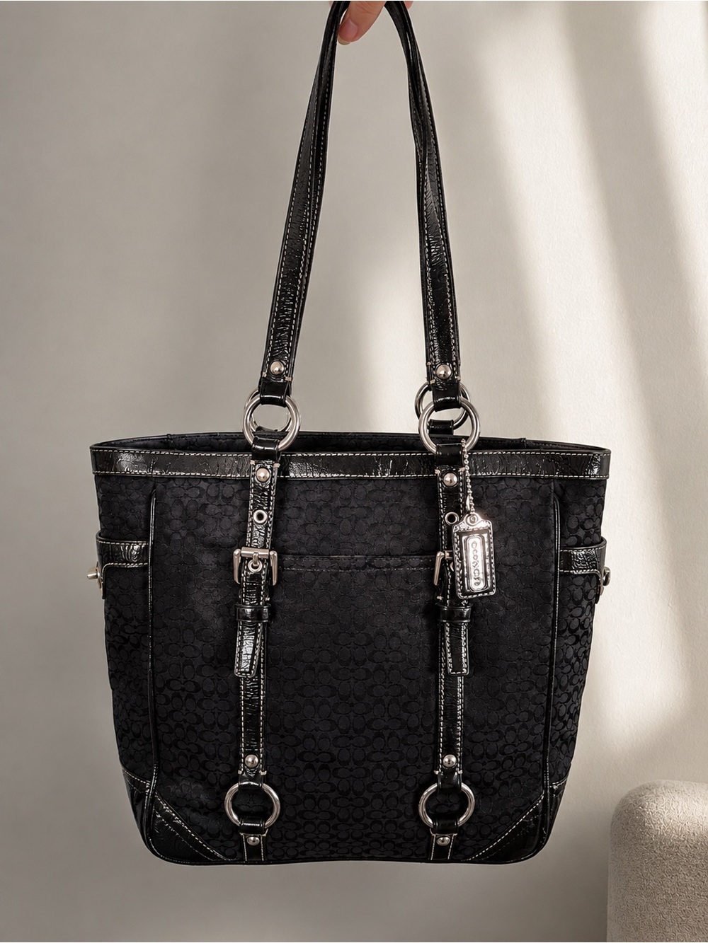 Coach vintage Y2K Signature Stripe Buckle Tote Bag Black Jacquard Leather